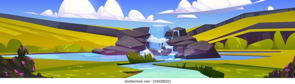 Waterfall cascade at beautiful nature cartoon panoramic landscape. River stream flowing from rocks and fall to creek or lake with green hills and fields under blue sky with clouds, Vector