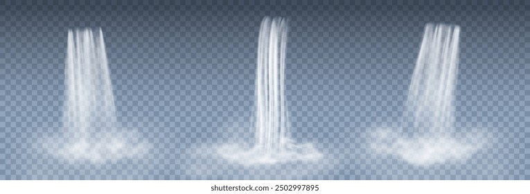 Waterfall cascade with fog isolated on transparent background. Vector 3d water fall pattern, landscape mountain elements design
