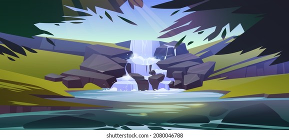 Waterfall cascade in forest cartoon landscape. River stream flowing from rocks to creek or lake under tree branches. Water jet falling through stones and bushes in park or garden, Vector illustration