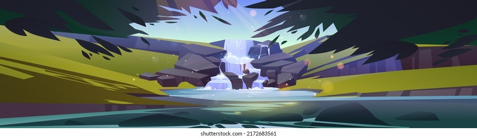 Waterfall cascade in forest cartoon landscape. Panoramic background with river stream flowing from rocks to creek or lake under tree branches. Water jet in park or garden Vector illustration