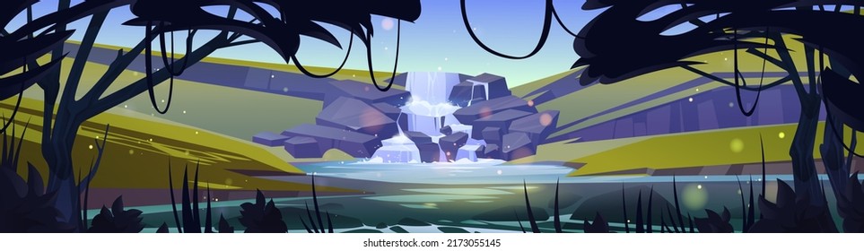 Waterfall cascade in forest cartoon landscape. Panoramic background with river stream flowing from rocks to creek or lake under tree branches and vines. Water jet in park or garden Vector illustration