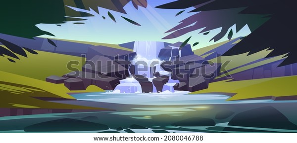 Waterfall cascade in forest cartoon\
landscape. River stream flowing from rocks to creek or lake under\
tree branches. Water jet falling through stones and bushes in park\
or garden, Vector\
illustration