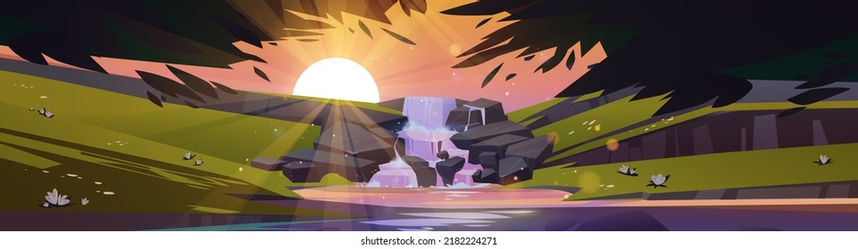 Waterfall cascade in forest at sunset time. Cartoon landscape with river stream flowing from rocks to lake under sun light and tree branches at dusk. Panoramic 2d game background, Vector illustration