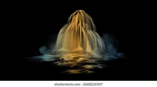 Waterfall cascade isolated on black background. Realistic natural waterfall with fog. Falling stream of clear liquid or water. Vector waterfall pattern for exotic landscape mountain design