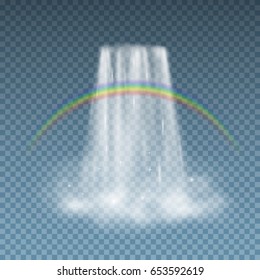 Waterfall cascade isolated on transparent background. Realistic nature waterfall with rainbow. Falling stream of pure water. Vector water fall and rainbow pattern for tourism, landscape design.
