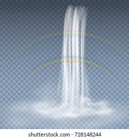 Waterfall Cascade Isolated On Transparent Background. Realistic High Falling Stream Of Pure Liquid. Vector Water Fall Pattern With Rainbow In Sky For Tourism, Landscape Design.