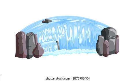 Waterfall cascade isometric view. Waterfall landscape with rocks and foam. Vector illustration in cartoon style