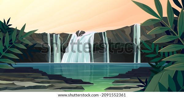 Waterfall cascade in jungle forest cartoon
landscape. River stream flowing from rocks to creek or lake with
palm tree branches around. Water jet falling from stones in wild
park, Vector
illustration