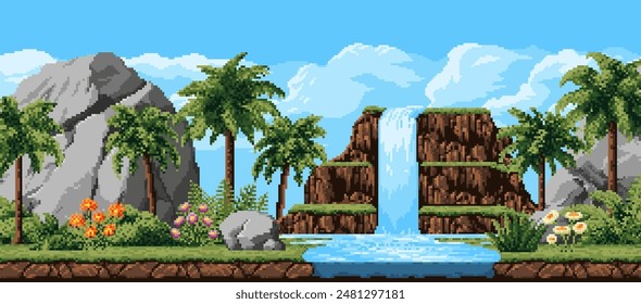 Waterfall cascade and mountains 8 bit game pixel landscape level background. Vector pixel art palm trees, green grass, flowers and plants on mountain river banks under blue sky nature landscape