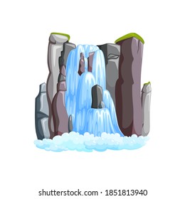 Waterfall cascade in mountains. Waterfall front view isolated in white background. Vector illustration in cartoon style