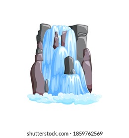 Waterfall cascade in mountains. Cascade of water in jungle mountains isolated in white background. Vector illustration in cartoon style