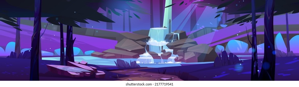 Waterfall cascade in night forest cartoon landscape. Panoramic background with river stream flowing from rocks to lake under moonlight and tree branches. Water jet in mystic garden Vector illustration