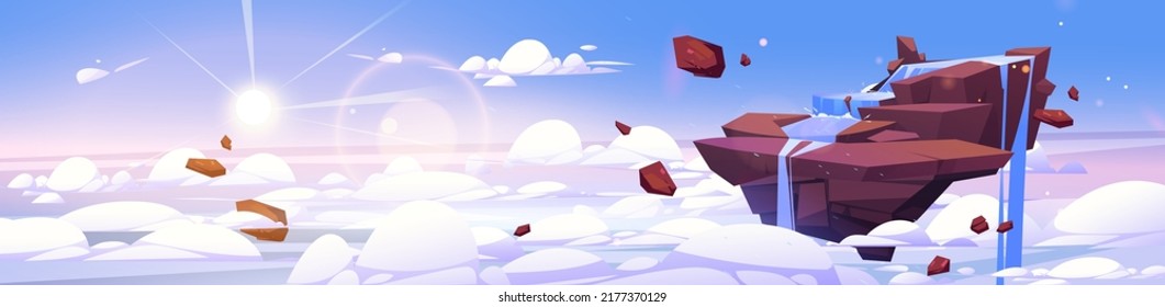 Waterfall cascade on flying rock island in sky above clouds cartoon fantasy landscape. Stream flowing from mountain piece under sunshine. Water jet falling from stone, Vector illustration, background