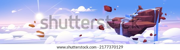 Waterfall cascade on flying rock island in sky
above clouds cartoon fantasy landscape. Stream flowing from
mountain piece under sunshine. Water jet falling from stone, Vector
illustration,
background