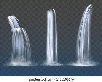 Waterfall cascade, realistic water fall streams set of pure liquid with fog of different shapes isolated on transparent background. River, fountain element for design. Realistic 3d vector illustration