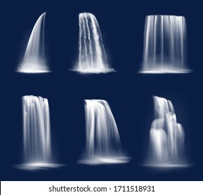 Waterfall cascade, realistic water fall streams, isolated vector pure liquid with fog. River, fountain elements of different shapes for natural design. Falling waterfall cascade, streaming water jets 