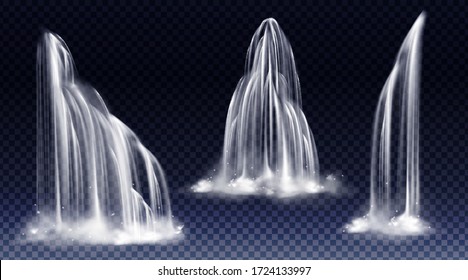 Waterfall cascade, realistic water fall streams of pure liquid jets with fog of different shapes isolated on transparent background. River, fountain design elements. Realistic 3d vector illustration