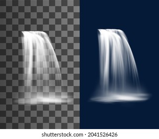 Waterfall Cascade, Realistic Water Fall Stream, Vector Pure Falling Jet With Fog. Fountain Cascading Natural Design Elements. 3d Falling Waterfall, Streaming Isolated On Transparent Or Blue Background