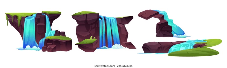 Cascada de cascada con el icono de dibujos animados de río. Caída de agua de la isla de la naturaleza de la colina juego gráfico conjunto. Ilustración natural de salpicadura de niágara y flujo de inundación para el parque tropical. Elemento de arroyo aislado