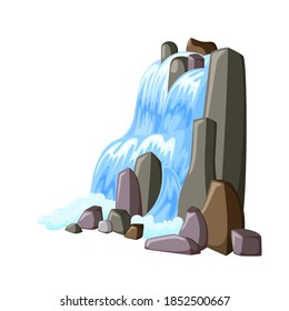 Waterfall cascade in rocks. Water splashing down with foam. Vector illustration of falling river in cartoon style