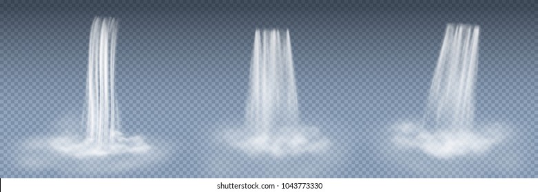Waterfall cascade set isolated on transparent background. Realistic nature waterfall with fog. Falling stream of pure liquid or water. Vector water fall pattern for exotic landscape mountain design