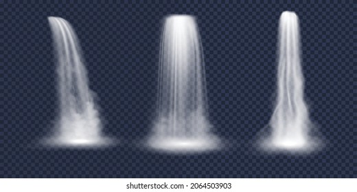 Waterfall cascade set isolated on transparent background. Realistic nature water fall with fog. Falling stream of pure liquid or water. 3d vector illustration