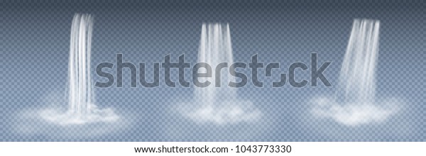 Waterfall cascade set isolated on transparent\
background. Realistic nature waterfall with fog. Falling stream of\
pure liquid or water. Vector water fall pattern for exotic\
landscape mountain\
design