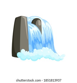 Wasserfall Kaskade in Spritzen mit Schaum. Isometrische Wasserkaskade in einer Felslandschaft einzeln auf weißem Hintergrund. Vektorgrafik im Cartographie-Stil