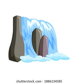 Waterfall cascade in splashing down with foam. Fantasy cascade of blue water isolated in white background. Vector illustration in cartoon style