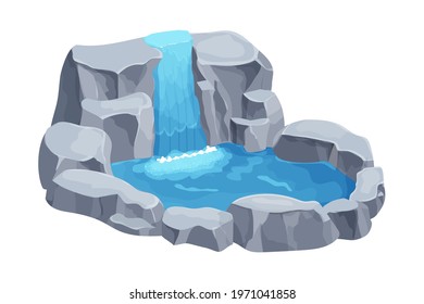 Waterfall cascade with stones, lake in cartoon style isolated on white background. Clip art composition, nature scenery.