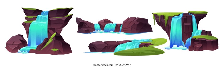 Waterfall cascade stream and rock cartoon icon. Water fall island landscape isolated clipart. Tropical torrent for fantasy summer scene in game. Paradise coastal nature and cliff asset collection