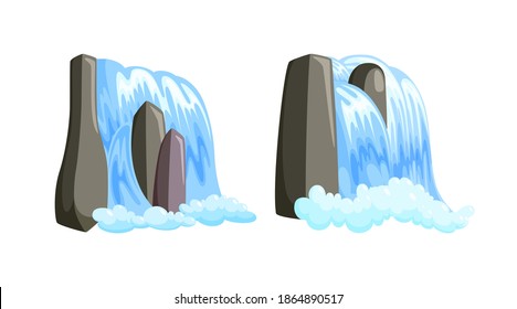 Waterfall cascade streaming down with foam. Set of fairytale cascade of blue water isolated in white background. Vector illustration in cartoon style