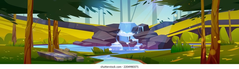 Waterfall cascade in summer forest. Cartoon landscape with river stream flowing from rocks to river under sun light and green tree branches. Panoramic 2d game background, Vector illustration