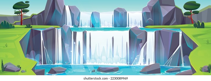 Wasserfall Kaskade in der Sommerlandschaft. Cartoon Panoramasicht auf den Fluss von Felsen, fallen zum See mit grünem Tal und Bäumen um. Wildnis, schöner Park, Vektorgrafik