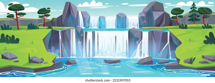 Waterfall cascade at summer nature landscape. Cartoon panoramic view of stream flow from rocks, fall to lake with green valley and trees around. Wild area, beautiful parkland, Vector illustration