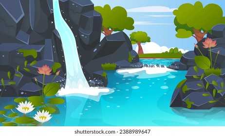 Waterfall cascade at summer nature landscape. tropical oasis with lush greenery and cascading waterfall, cartoon vector illustration. fully editable,  easy to edit