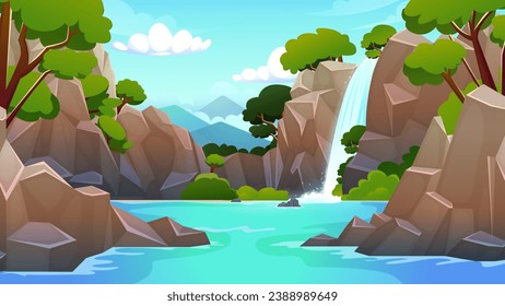 Waterfall cascade at summer nature landscape. tropical oasis with lush greenery and cascading waterfall, cartoon vector illustration.  fully editable,  easy to edit