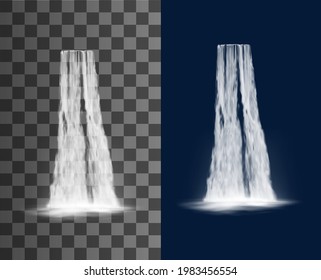 Waterfall cascade, water fall realistic isolated vector on transparent background. Waterfall cascade from river stream, spring water falling from mountain with splashes, natural park scenery