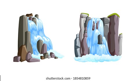 Waterfall cascades in mountains with front and side views. Waterfalls isolated in white background. Vector illustration in cartoon style