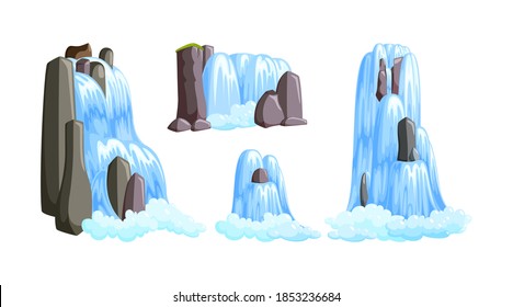 Waterfall cascades in mountains for paradise landscapes. Set of water cascades splasing down from the river isolated in white background. illustration in cartoon style