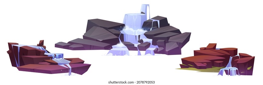 Waterfall cascades on rocks, cartoon water fall streams falling from mountains, pure liquid jets and stones with moss or green grass, fountain design elements vector icons isolated on white background