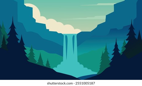 
waterfall cascades over rocks, surrounded by lush trees in a tranquil woodland setting flat vector illustration.
