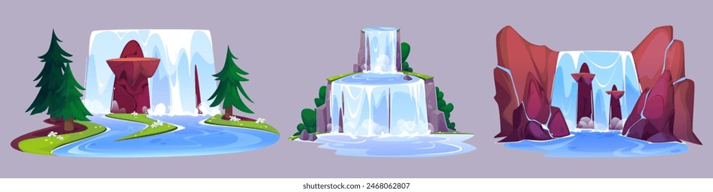 Waterfall cascades set isolated on background. Vector cartoon illustration of blue river flow falling in lake from rocky mountain, spring forest trees and flowers, tropical island design element