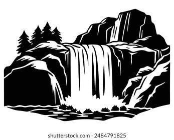 Waterfall Cascades Tumbling Down Rocky Cliffs Silhouette