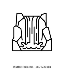 Waterfall cascading between rocky canyon cliff walls, black and white line art vector illustration