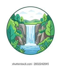 Waterfall cascading into a pool within a forest.