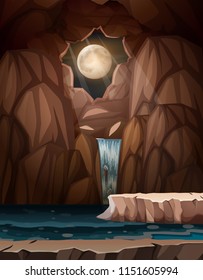 A waterfall cave at night illustration