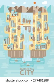 Waterfall city ,blue brown and orange tone concept design