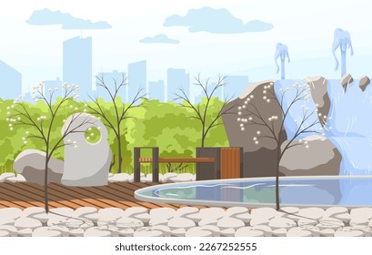 Waterfall in city park summer or spring time scenery landscape. Cityscape background, empty public place for walking and recreation with green trees, benches, urban fountain. Flat Vector illustration