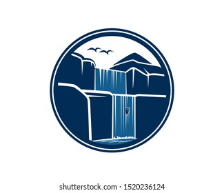 Waterfall with Cliff and Flying Swallow Birds Illustration